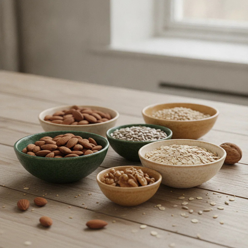 Nötter, frön och fullkornsprodukter i keramikskålar på träbord - B-vitaminkällor